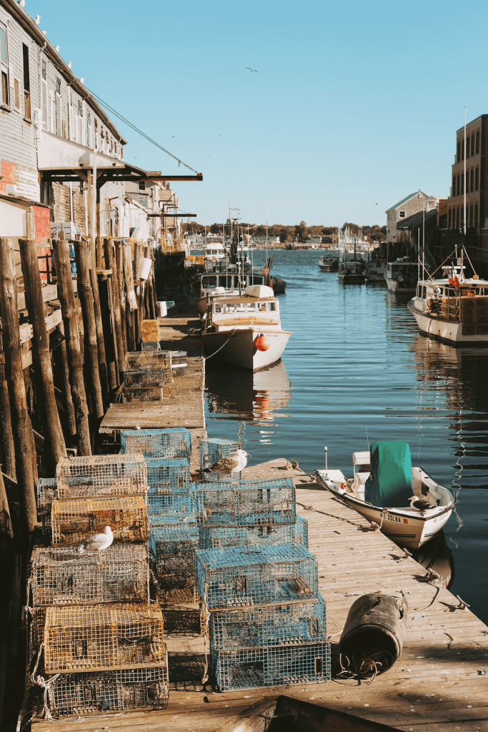 Harbour with small fishing boats and lobster pots